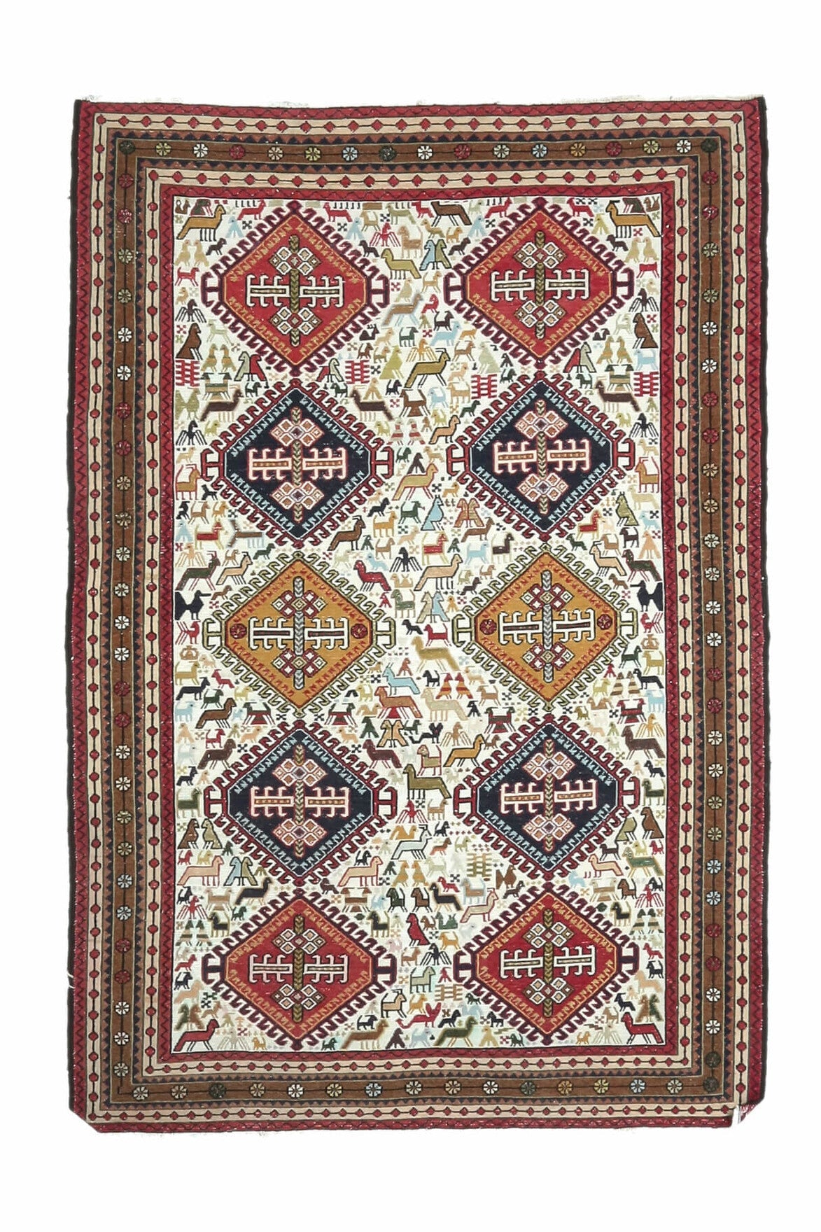 120x180 cm kahverengi, kırmızı ve turuncu ikat desenli el dokuma vintage kilim – üstten tam görünüm