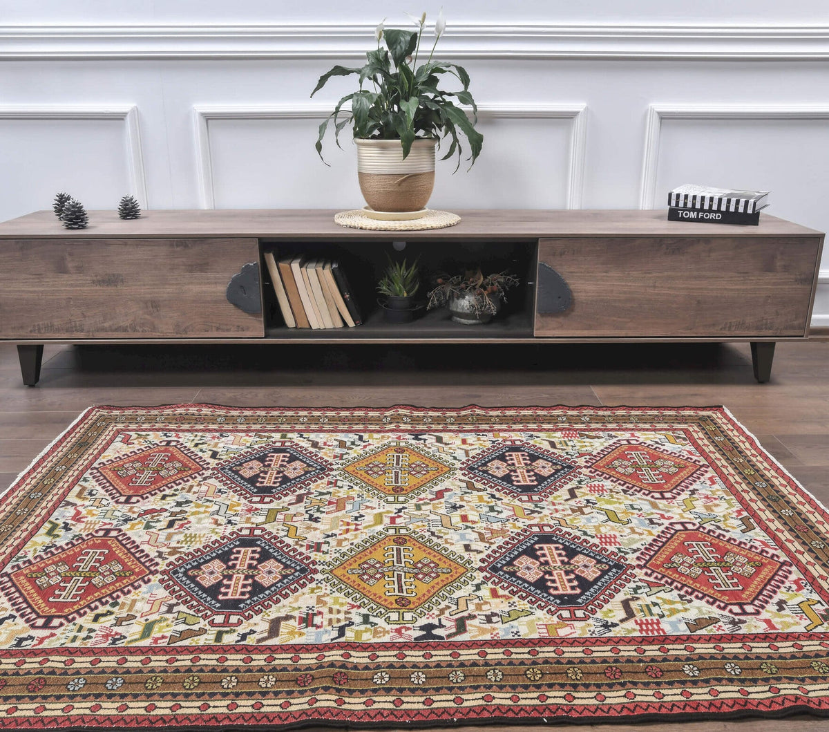1970'lerden Anadolu kökenli ikat desenli el dokuma vintage kilim, 120x180 cm