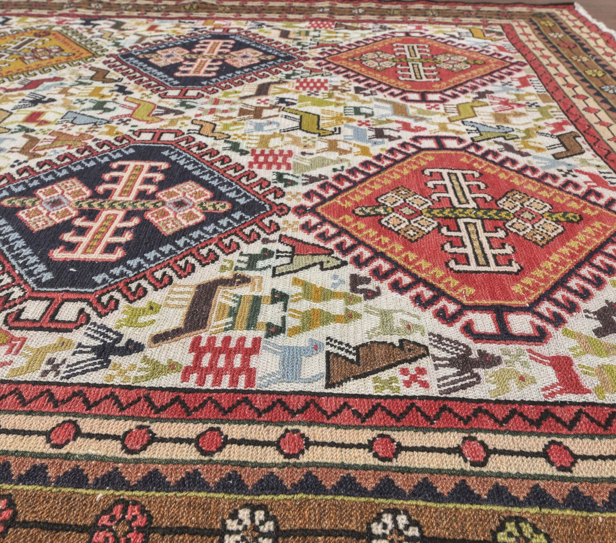 El yapımı vintage halı 119x180 cm i̇kat desenli yün - yakın çekim doku detayı