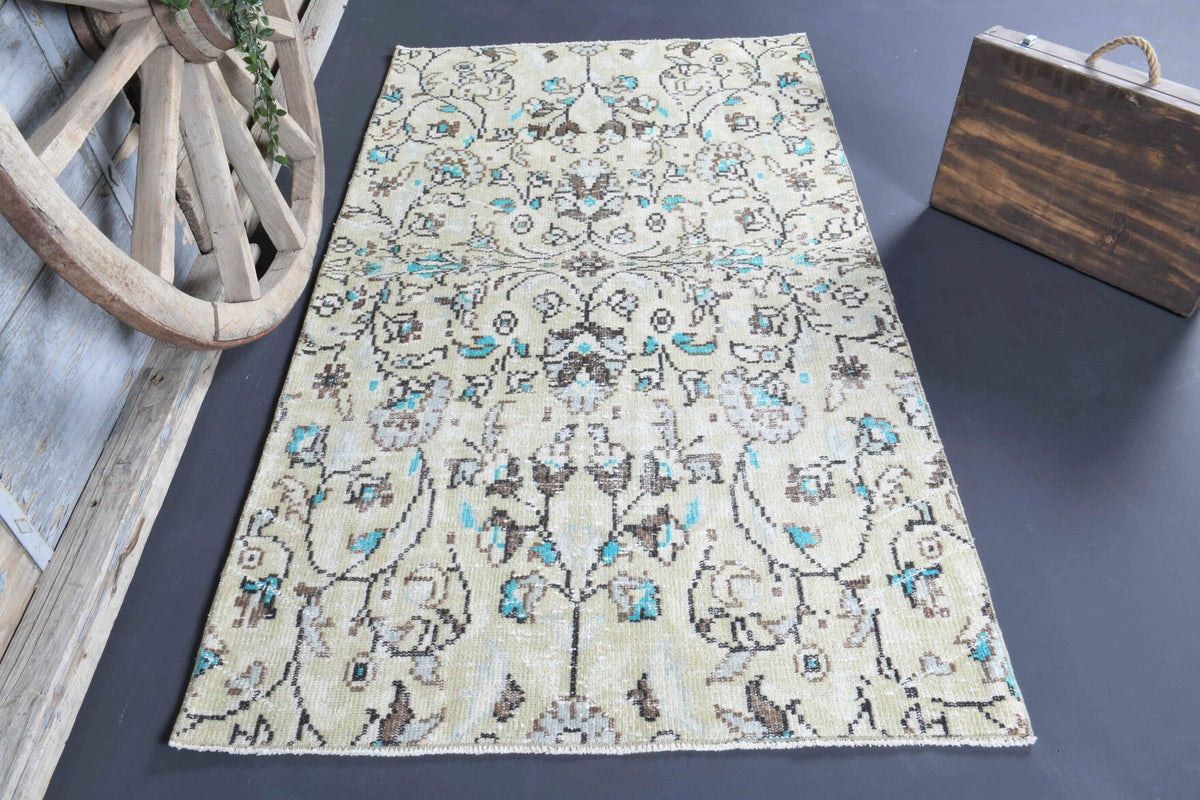 El yapımı vintage halı 117x203 cm çiçek desenli desenli yün - detay görünümü