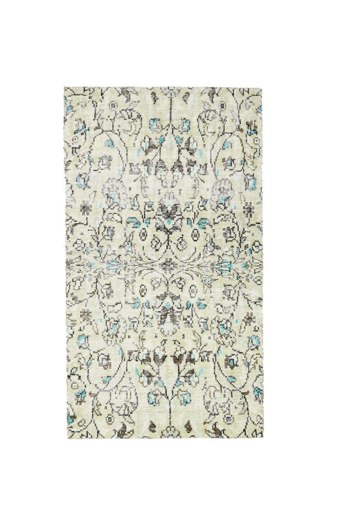 El yapımı vintage halı 117x203 cm çiçek desenli desenli yün - üstten görünüm