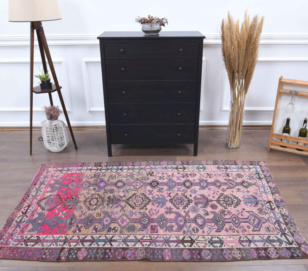 El yapımı vintage halı 119x208 cm i̇kat desenli yün - detay görünümü