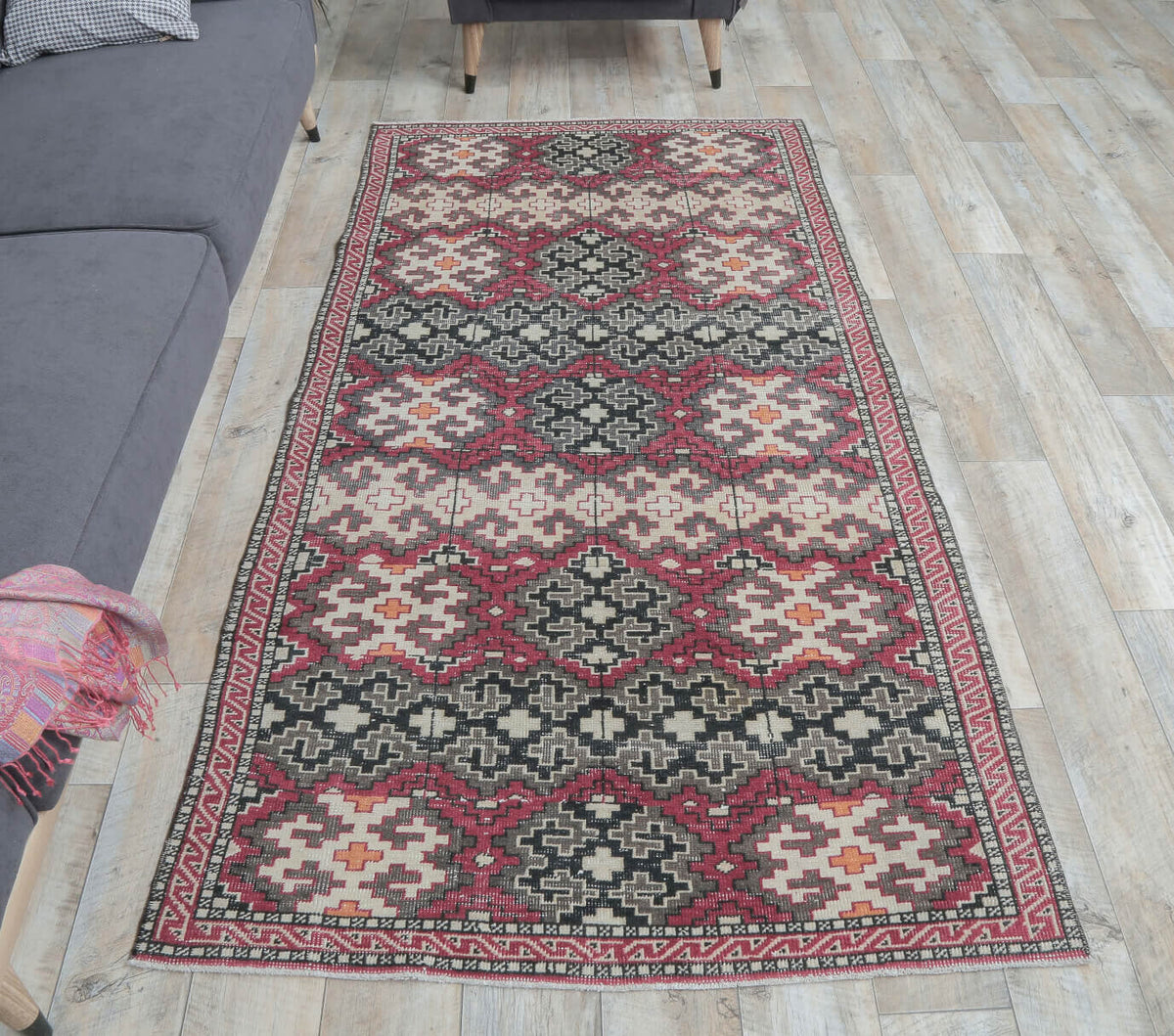 4x7 Vintage Handmade Area Pink Geometric Rug