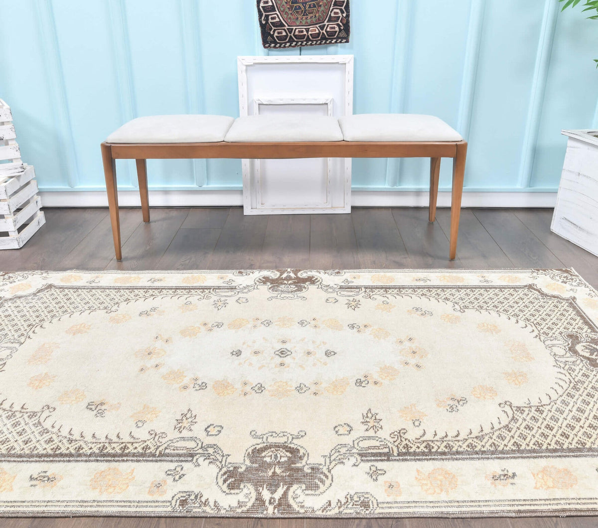 4x7 Vintage Handmade Oriental Neutral Oushak Area Rug