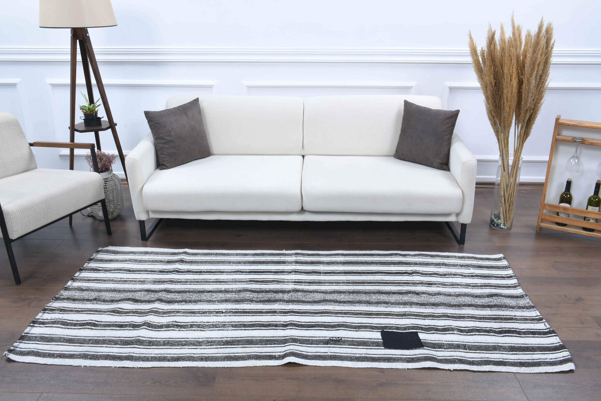 El yapımı vintage halı 107x241 cm çizgili desenli yün - detay görünümü