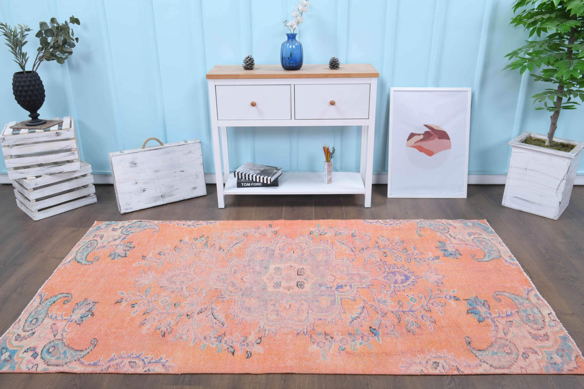El yapımı vintage halı 122x234 cm oryantal desenli yün - detay görünümü