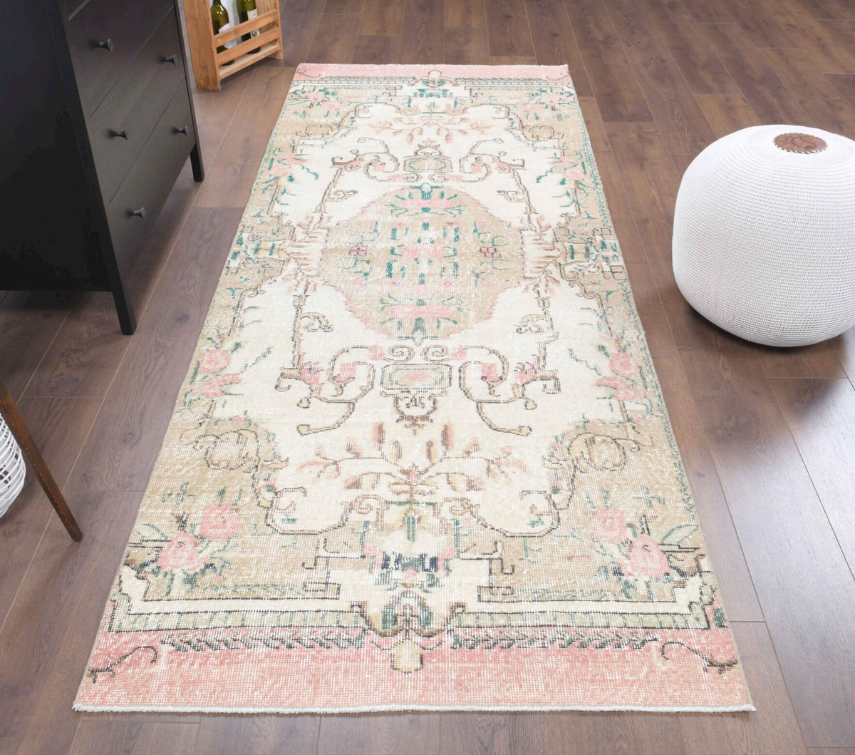 El yapımı vintage yolluk 109x287 cm oryantal desenli yün - yakın çekim doku detayı