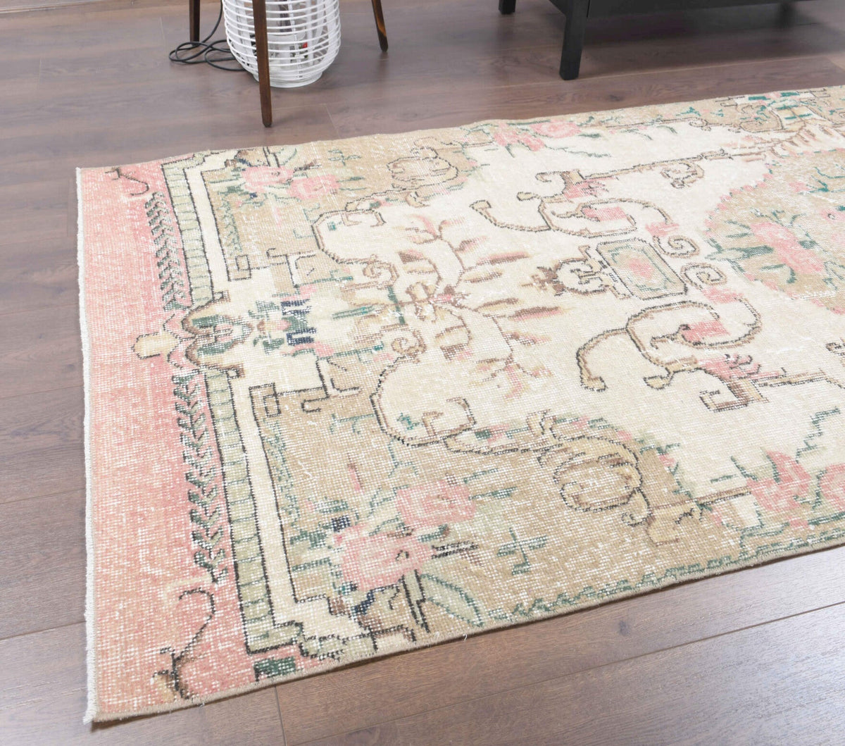 El yapımı vintage yolluk 109x287 cm oryantal desenli yün - kenar ve saçak detayı
