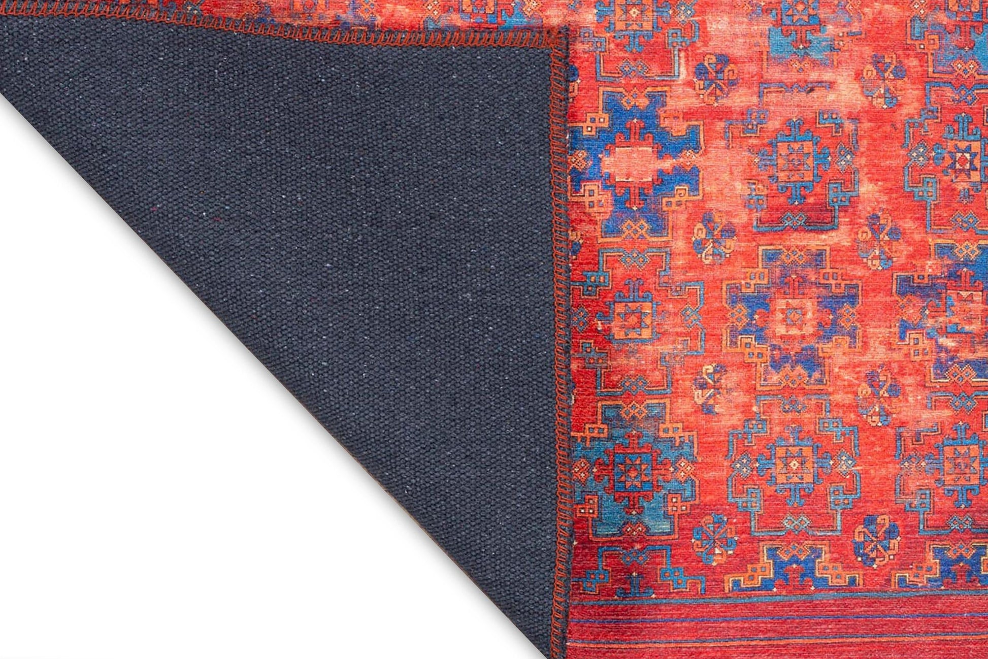 Kiremit ve Mavi Geometrik Desenli Vintage Halı