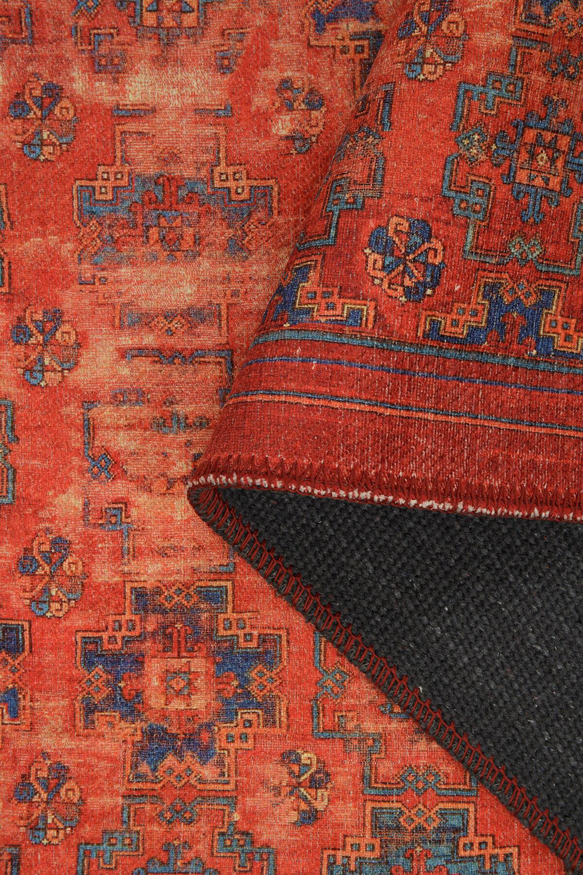 Kiremit ve Mavi Geometrik Desenli Vintage Halı