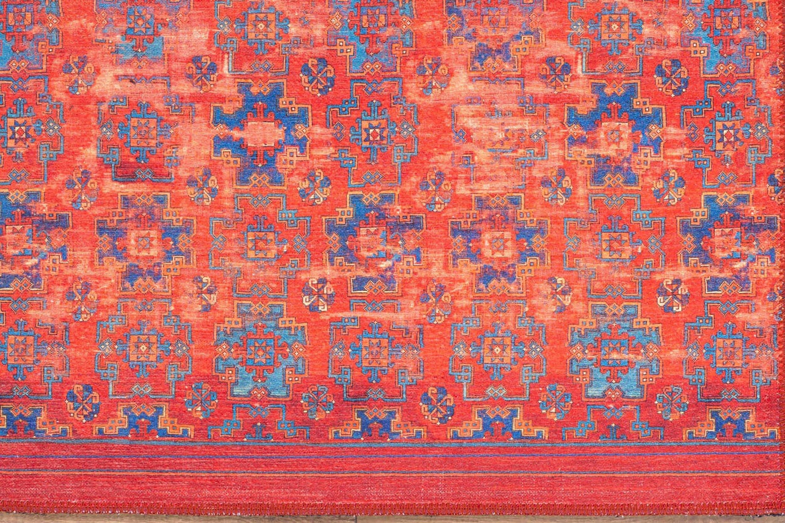 Kiremit ve Mavi Geometrik Desenli Vintage Halı