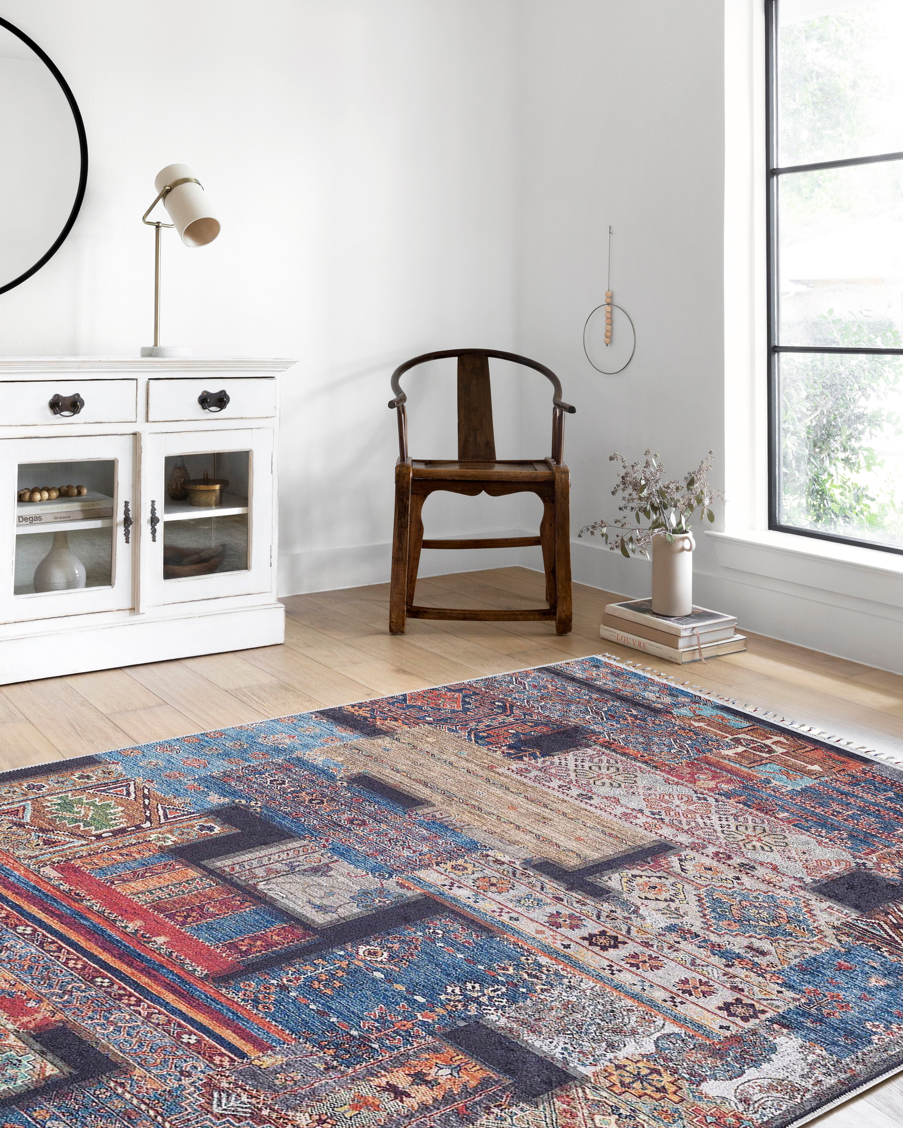 Mavi Çok Renkli Patchwork Görünümlü Vintage Kilim Halı