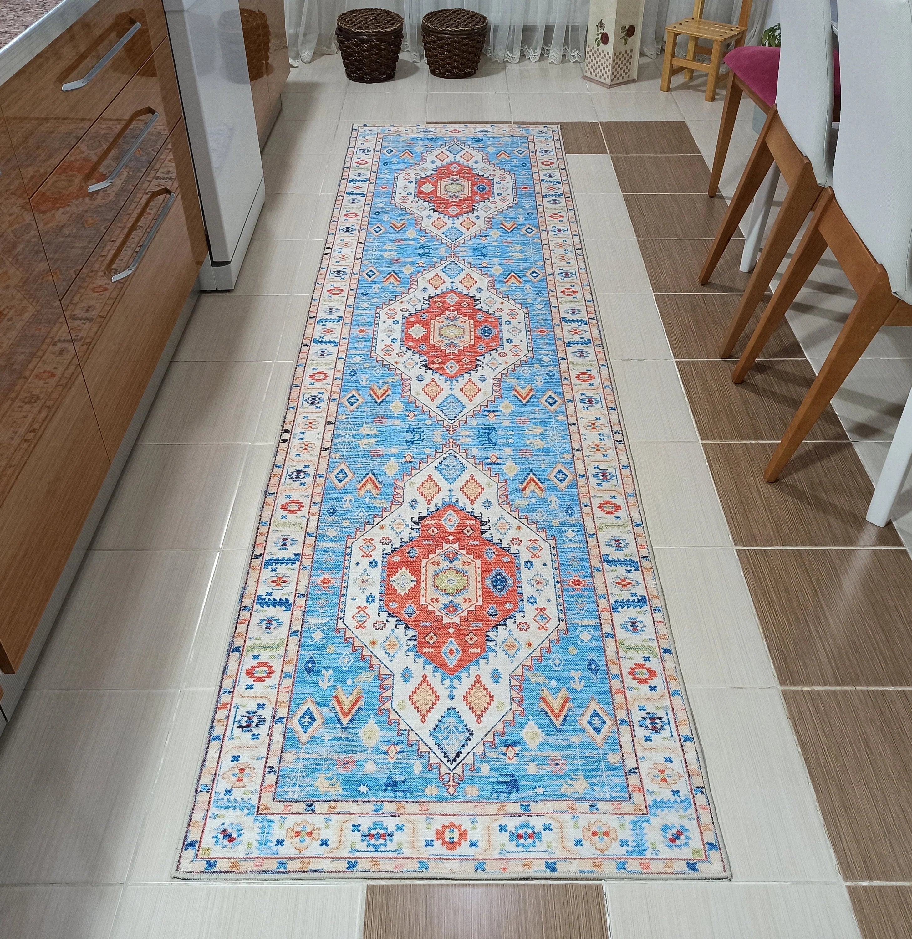 Etnik Geometrik Madalyonlu Açık Mavi ve Mercan Bohem Halı - OUTLET - 11448OU