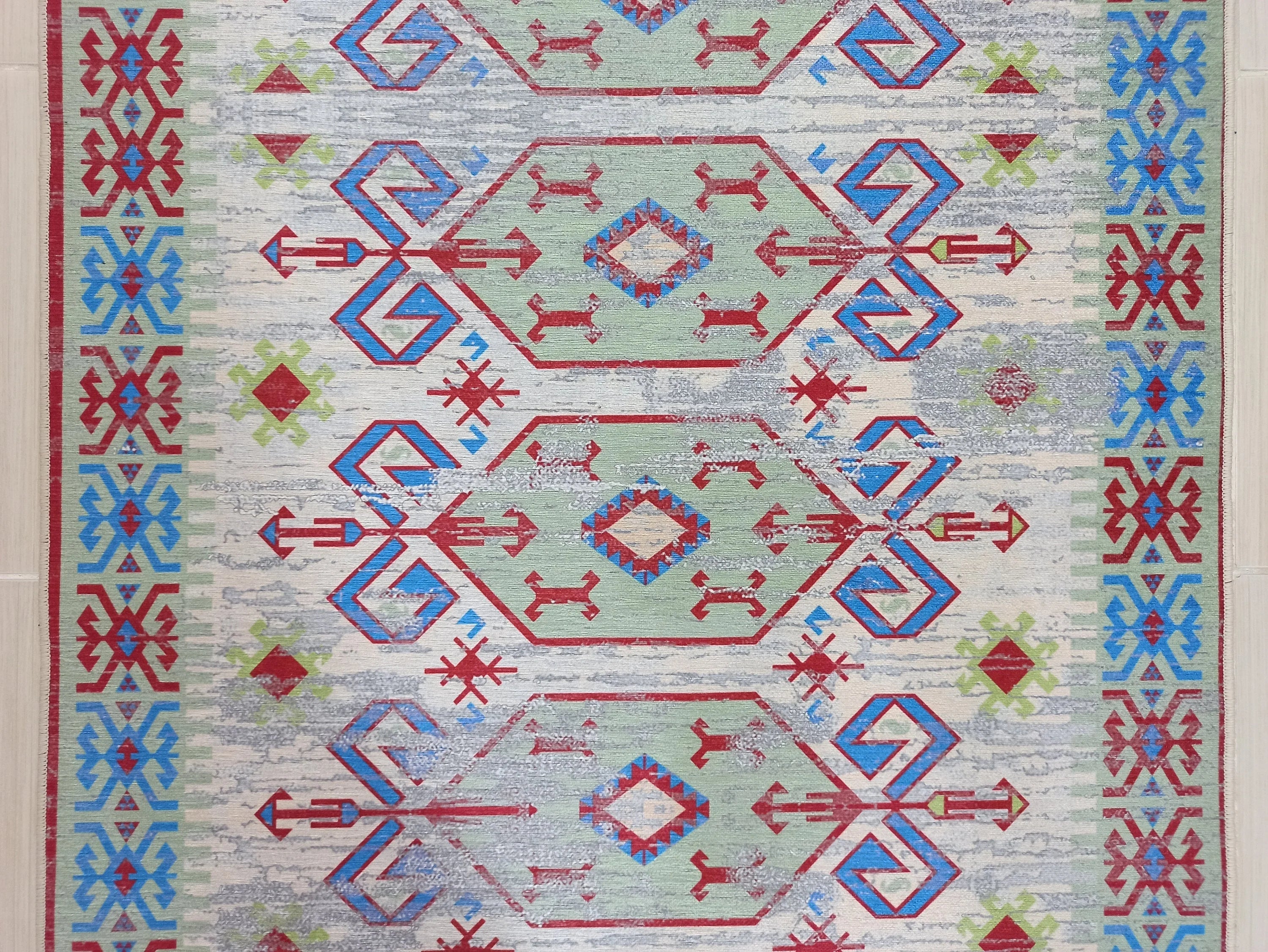 Eskitme Kilim Desenli Krem ve Mavi Bohem Halı - OUTLET - 12767OU