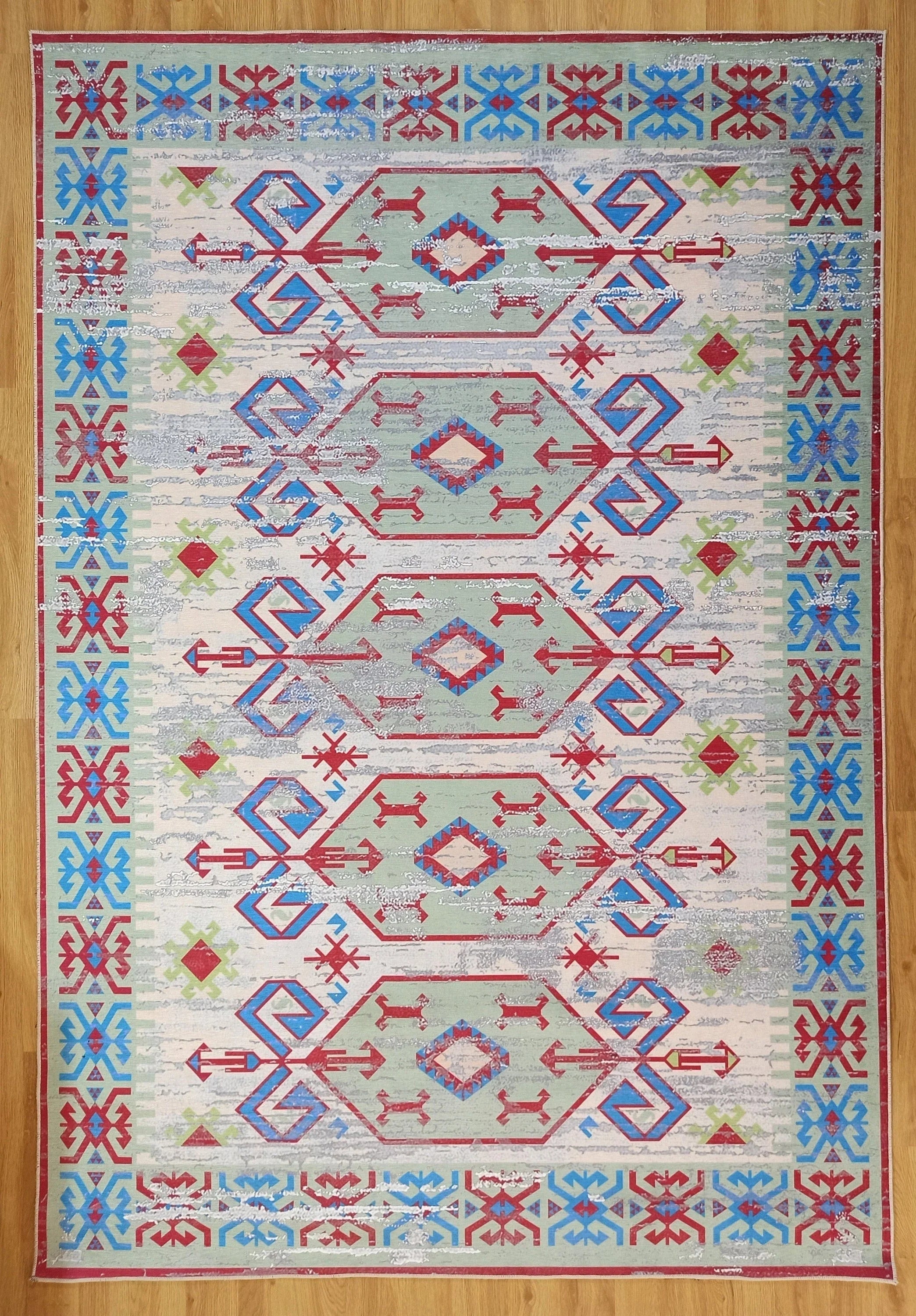 Eskitme Kilim Desenli Krem ve Mavi Bohem Halı - OUTLET - 12767OU