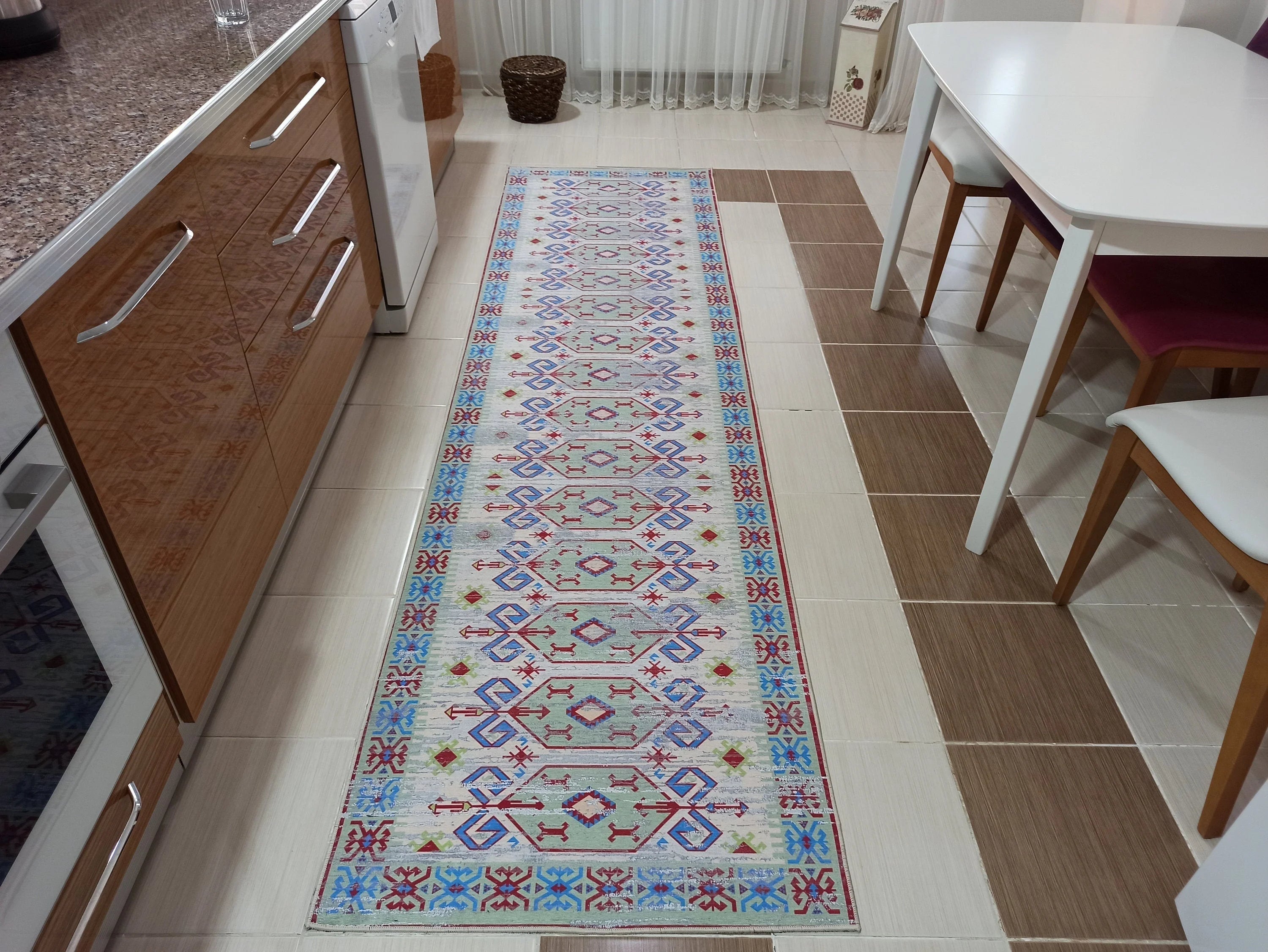 Eskitme Kilim Desenli Krem ve Mavi Bohem Halı - OUTLET - 12767OU