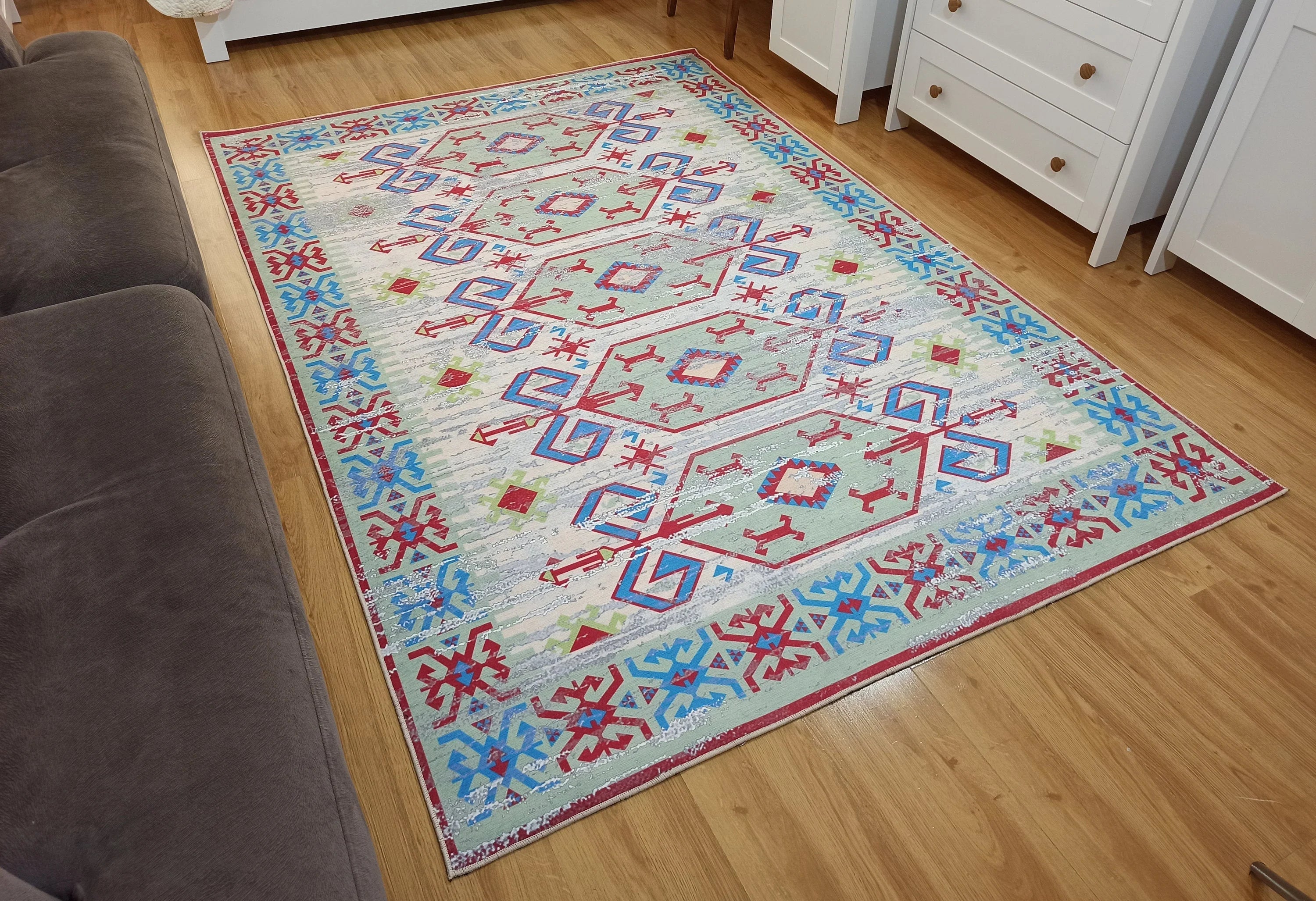 Eskitme Kilim Desenli Krem ve Mavi Bohem Halı - OUTLET - 12767OU