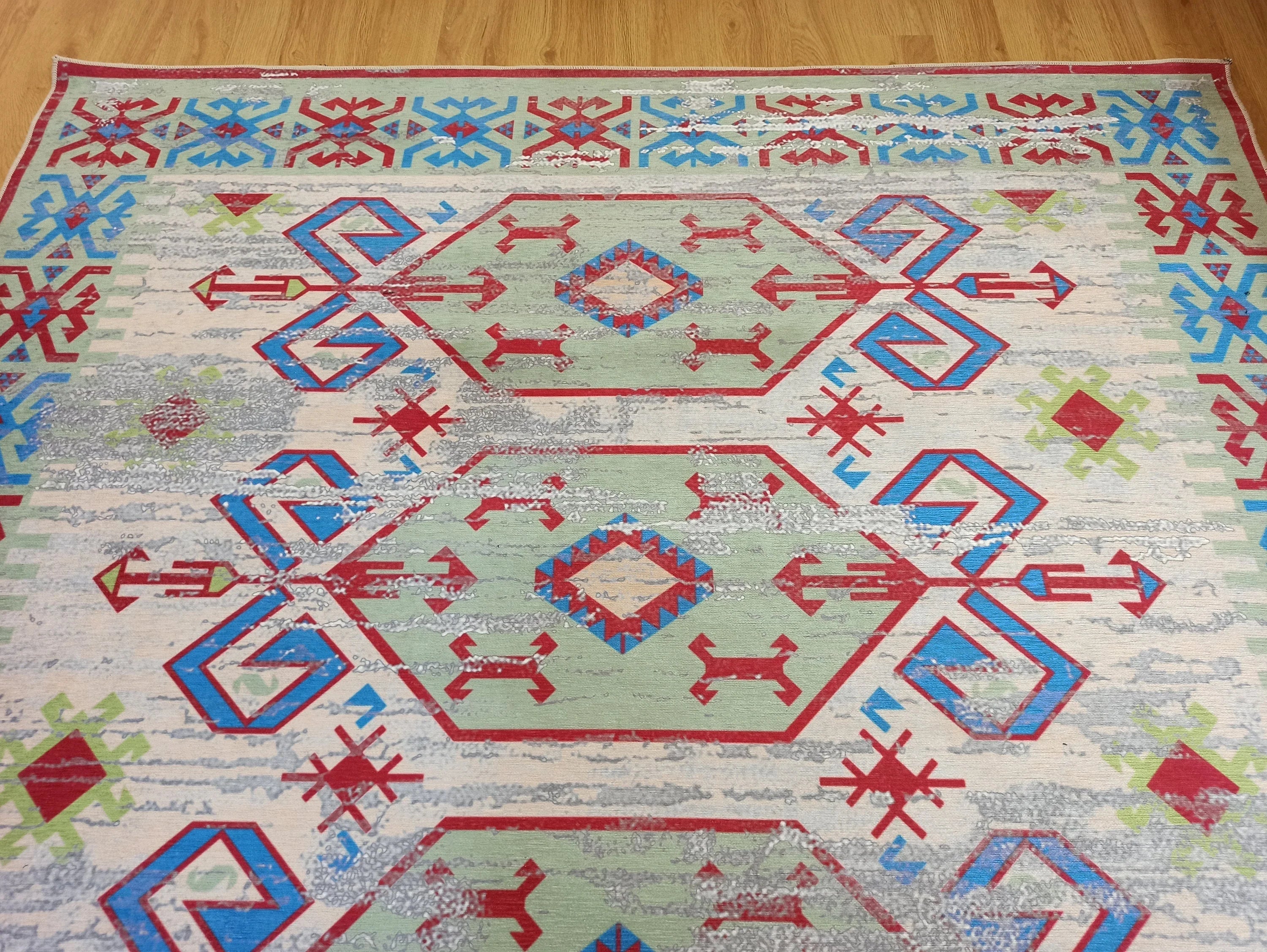 Eskitme Kilim Desenli Krem ve Mavi Bohem Halı - OUTLET - 12767OU