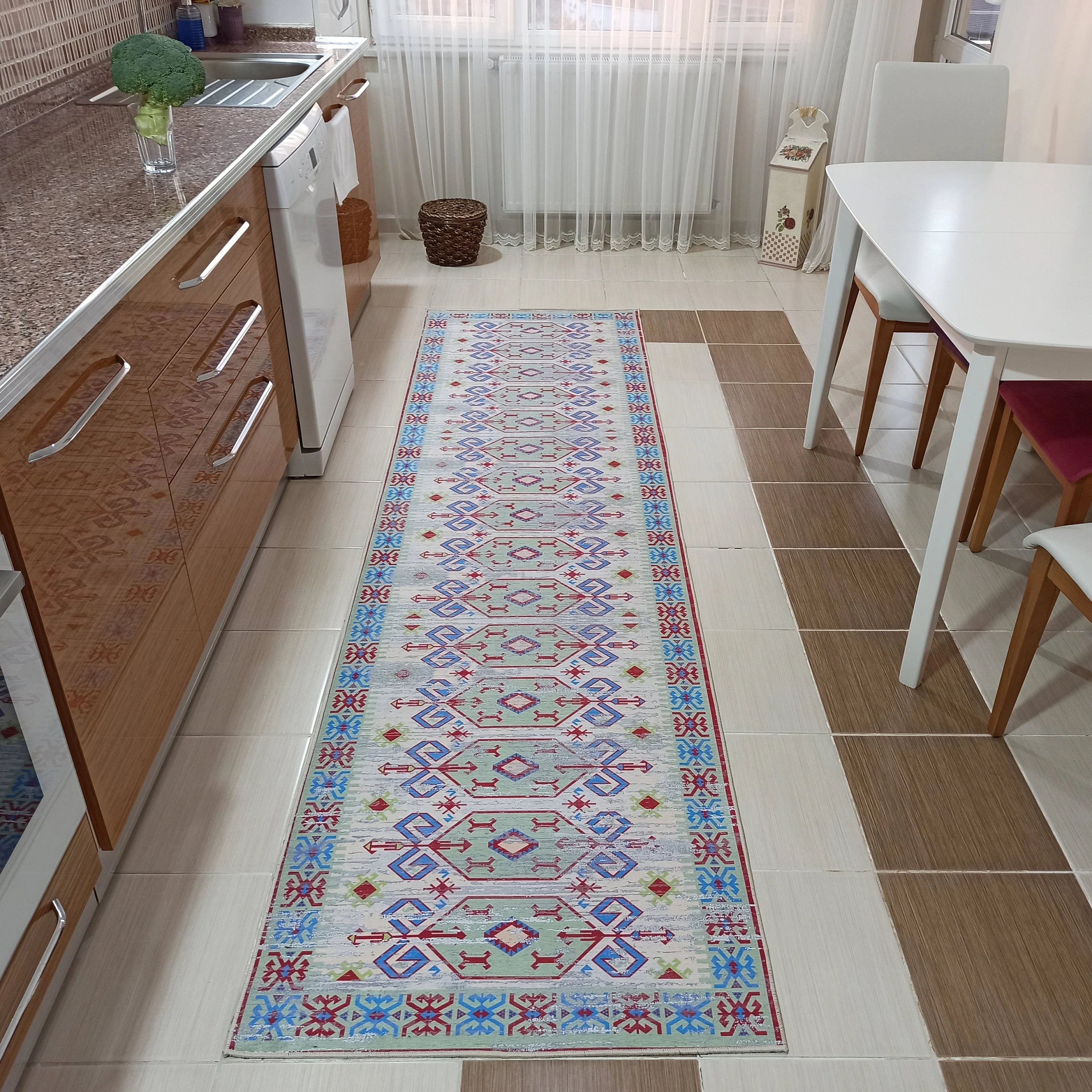 Eskitme Kilim Desenli Krem ve Mavi Bohem Halı - OUTLET - 12767OU