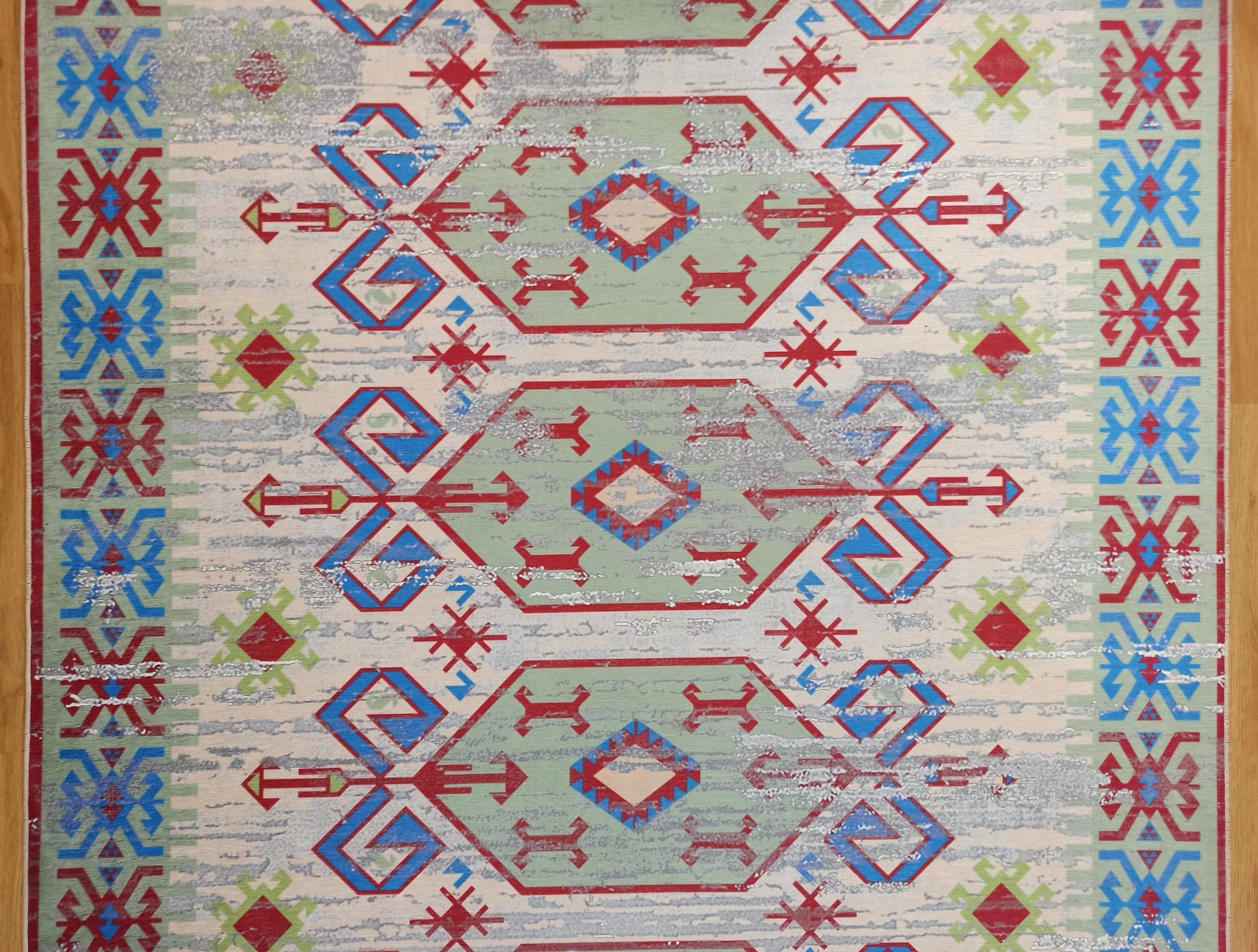Eskitme Kilim Desenli Krem ve Mavi Bohem Halı - OUTLET - 12767OU