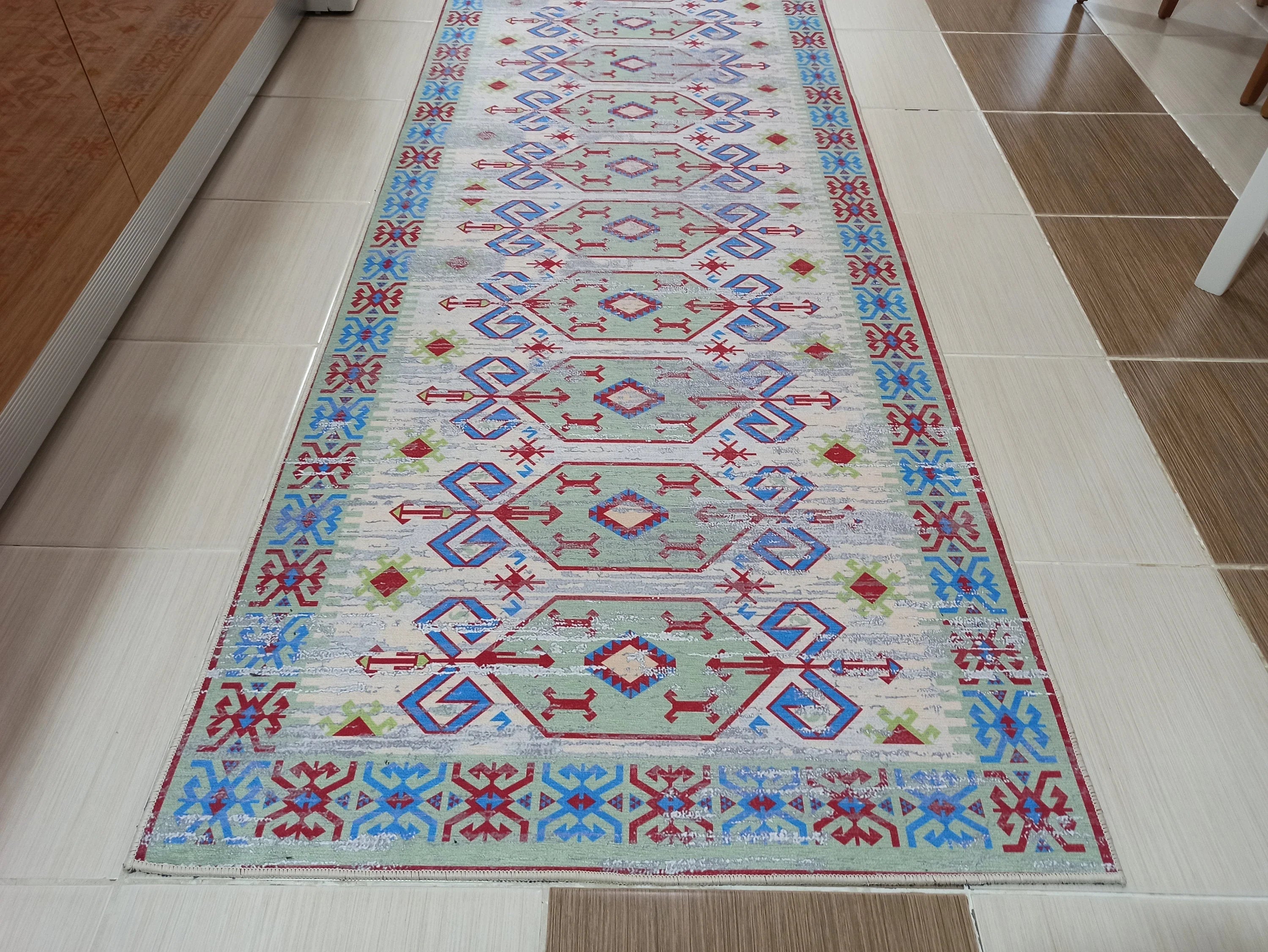 Eskitme Kilim Desenli Krem ve Mavi Bohem Halı - OUTLET - 12767OU