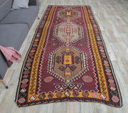 El yapımı vintage halı 152x338 cm tribal desenli yün - detay görünümü