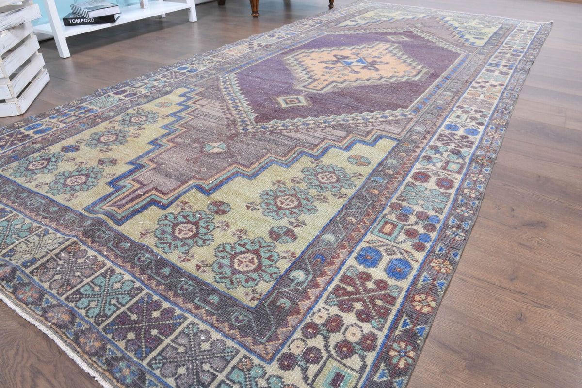 El yapımı vintage halı 150x330 cm oryantal desenli yün - yakın çekim doku detayı