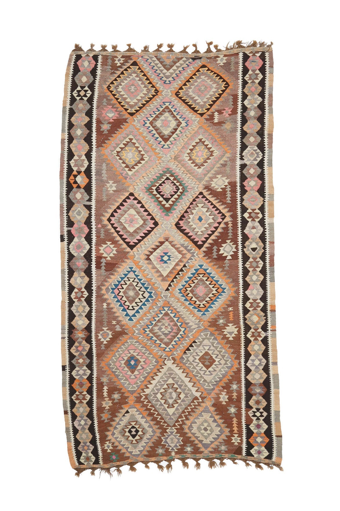 El yapımı vintage yolluk 155x320 cm geometrik desenli yün