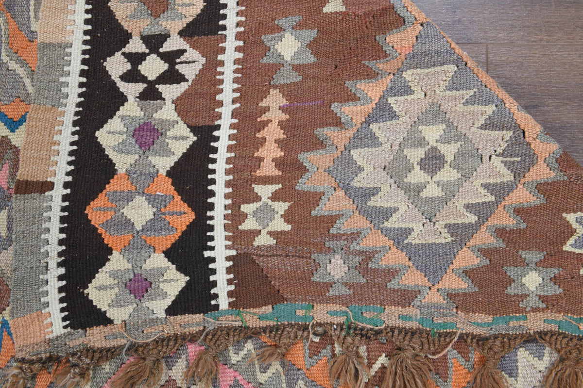 El yapımı vintage yolluk 155x320 cm geometrik desenli yün - yakın çekim doku detayı