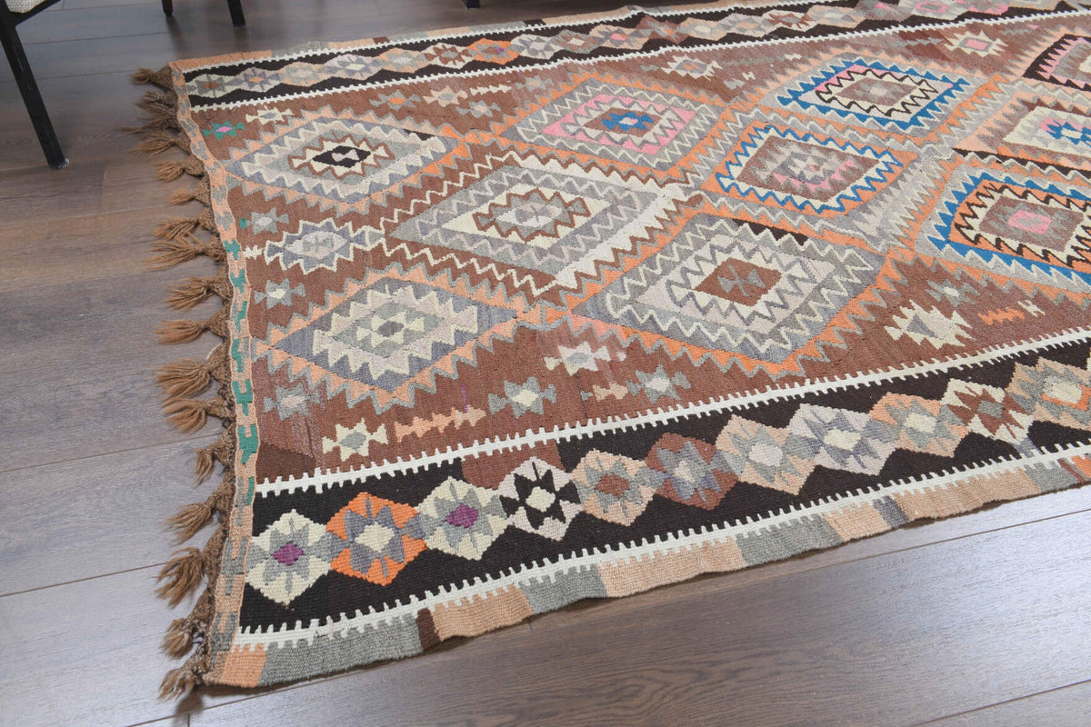 El yapımı vintage yolluk 155x320 cm geometrik desenli yün - kenar ve saçak detayı