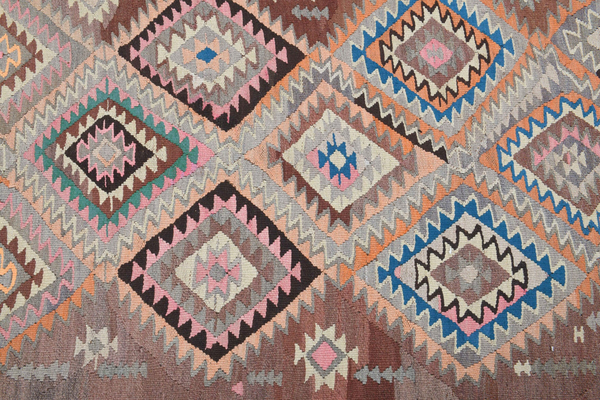 El yapımı vintage yolluk 155x320 cm geometrik desenli yün - üstten görünüm