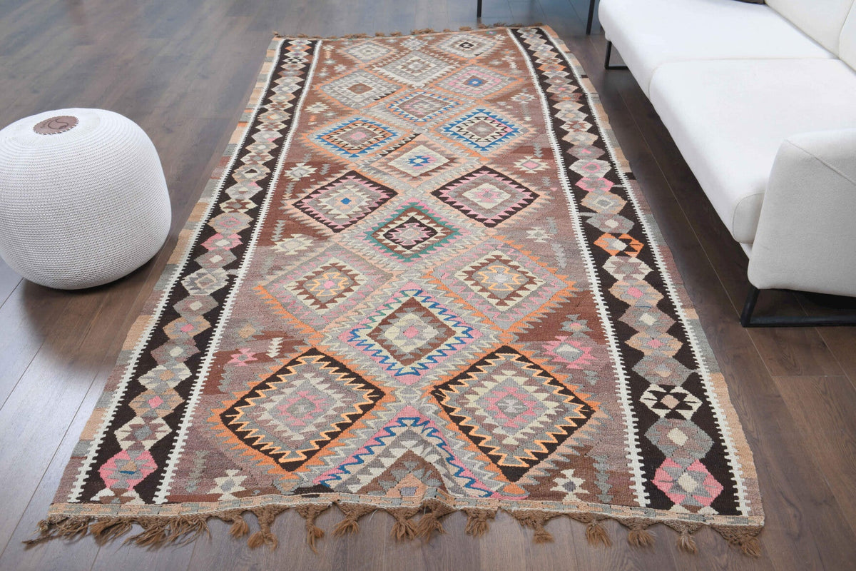El yapımı vintage yolluk 155x320 cm geometrik desenli yün - açık alan görünümü
