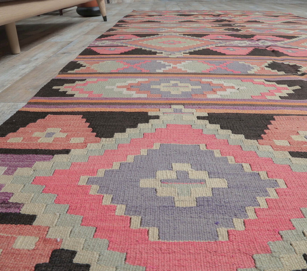 El yapımı vintage yolluk 155x351 cm i̇kat desenli yün - kenar ve saçak detayı