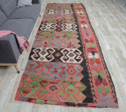 1960'lardan Anadolu kökenli oryantal desenli vintage kilim yolluk, 137x395 cm