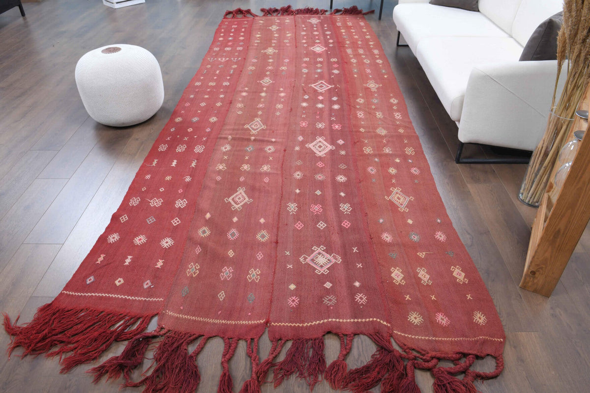El yapımı vintage yolluk 155x427 cm i̇kat desenli yün - açık alan görünümü