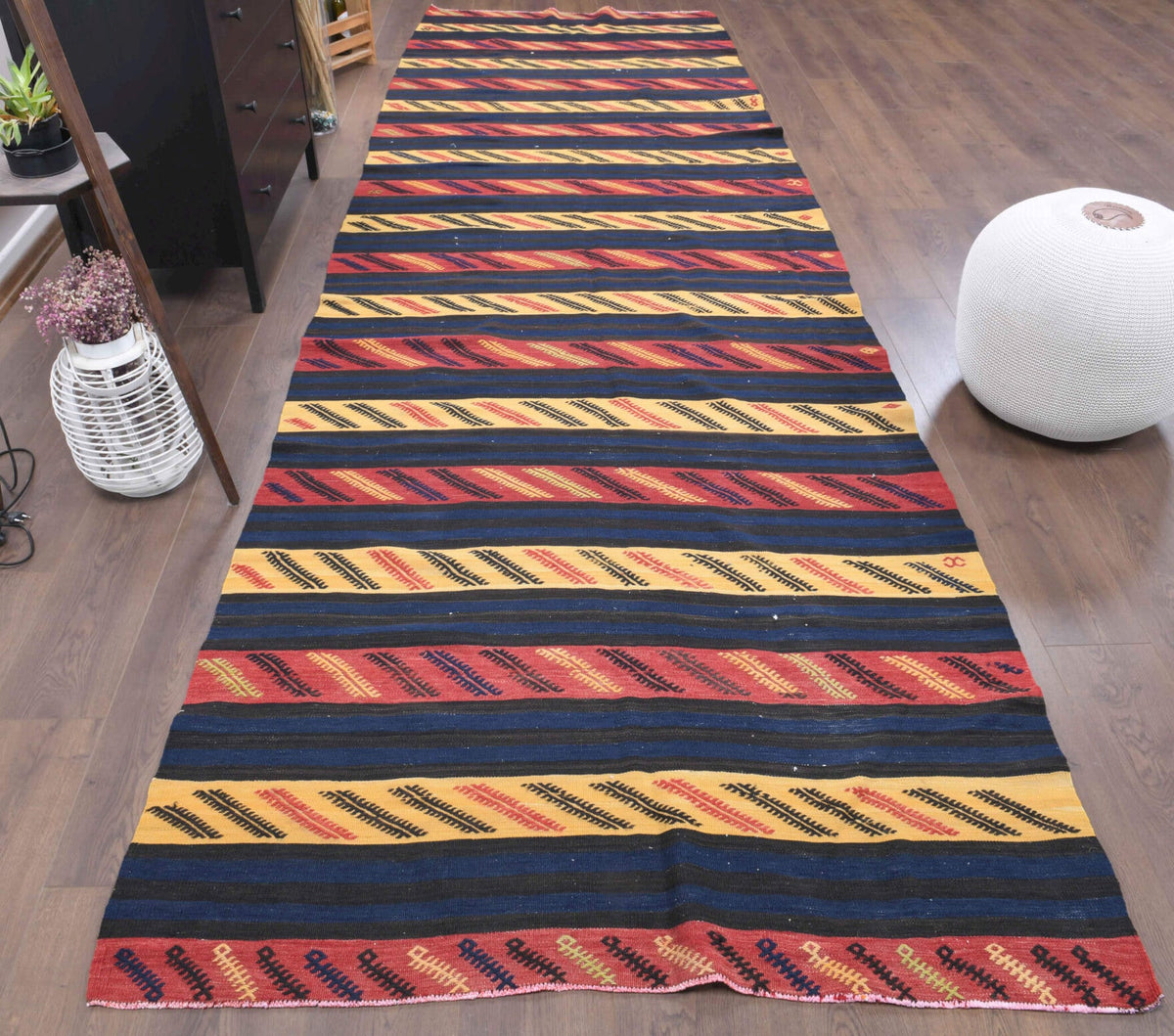 El yapımı vintage yolluk 137x447 cm kilim desenli yün - detay görünümü