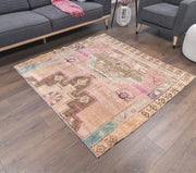El yapımı vintage halı 147x155 cm i̇kat desenli yün - detay görünümü