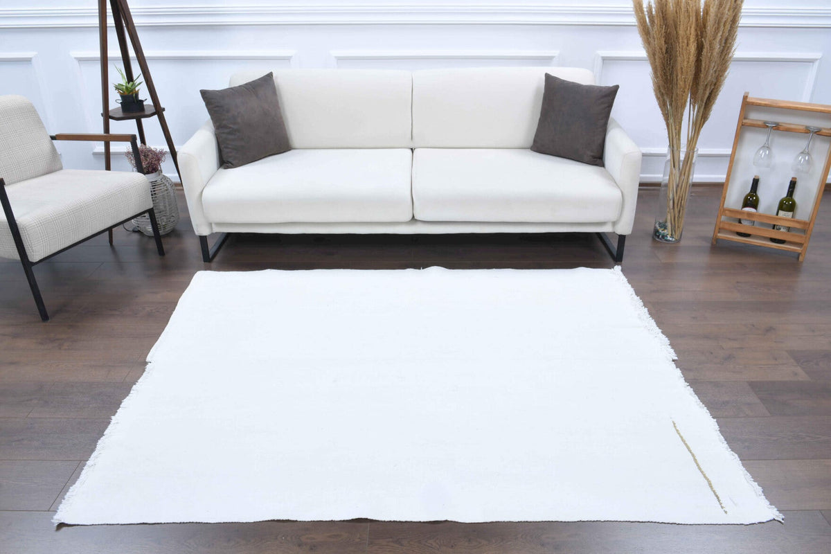 El yapımı vintage halı 150x193 cm çizgili desenli yün - farklı açıdan görünüm