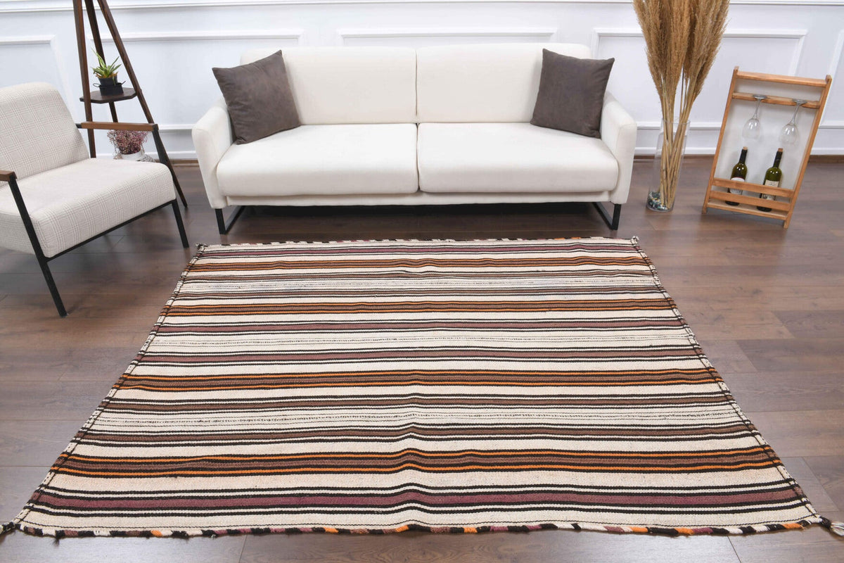 El yapımı vintage halı 163x211 cm çizgili desenli yün - detay görünümü