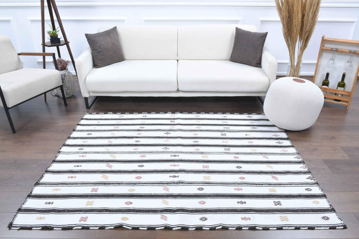 El yapımı vintage halı 155x201 cm çizgili desenli yün - detay görünümü