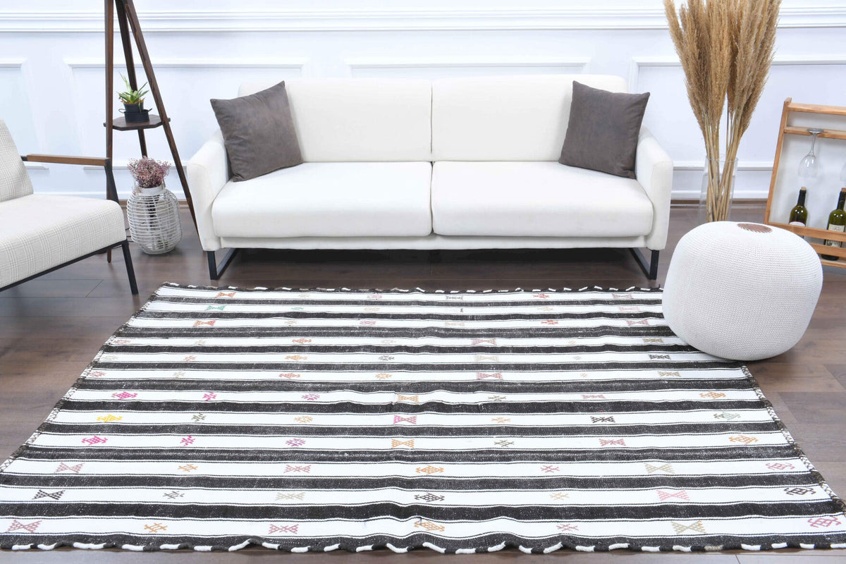 El yapımı vintage halı 157x234 cm kilim desenli yün - detay görünümü