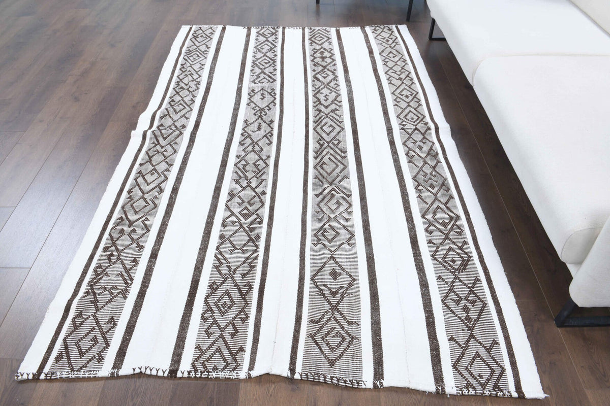 El yapımı vintage halı 147x239 cm çizgili desenli yün - yakın çekim doku detayı