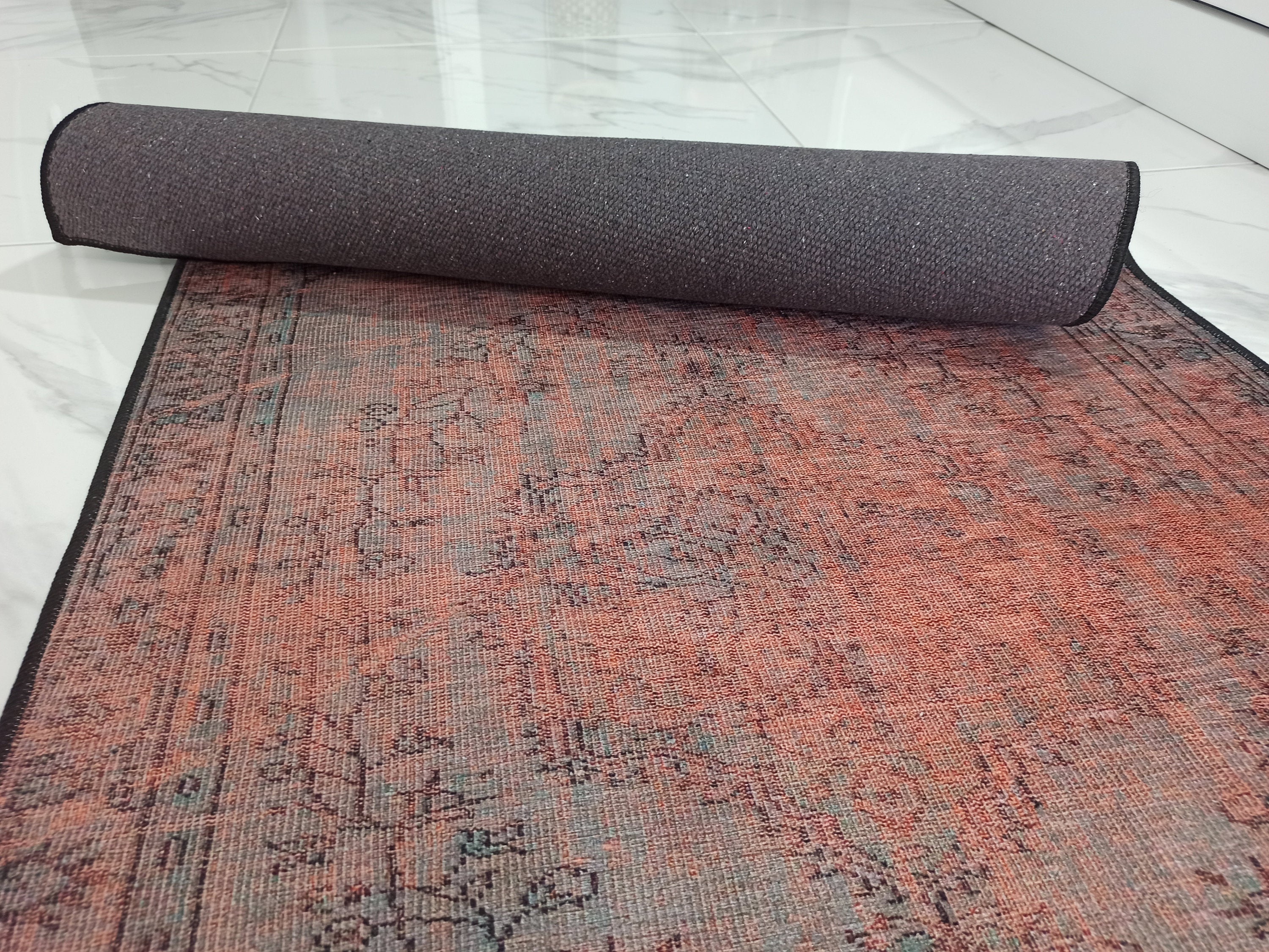 Eskitme Madalyon Desenli Kiremit ve Antrasit Vintage Halı - OUTLET - 14924OU