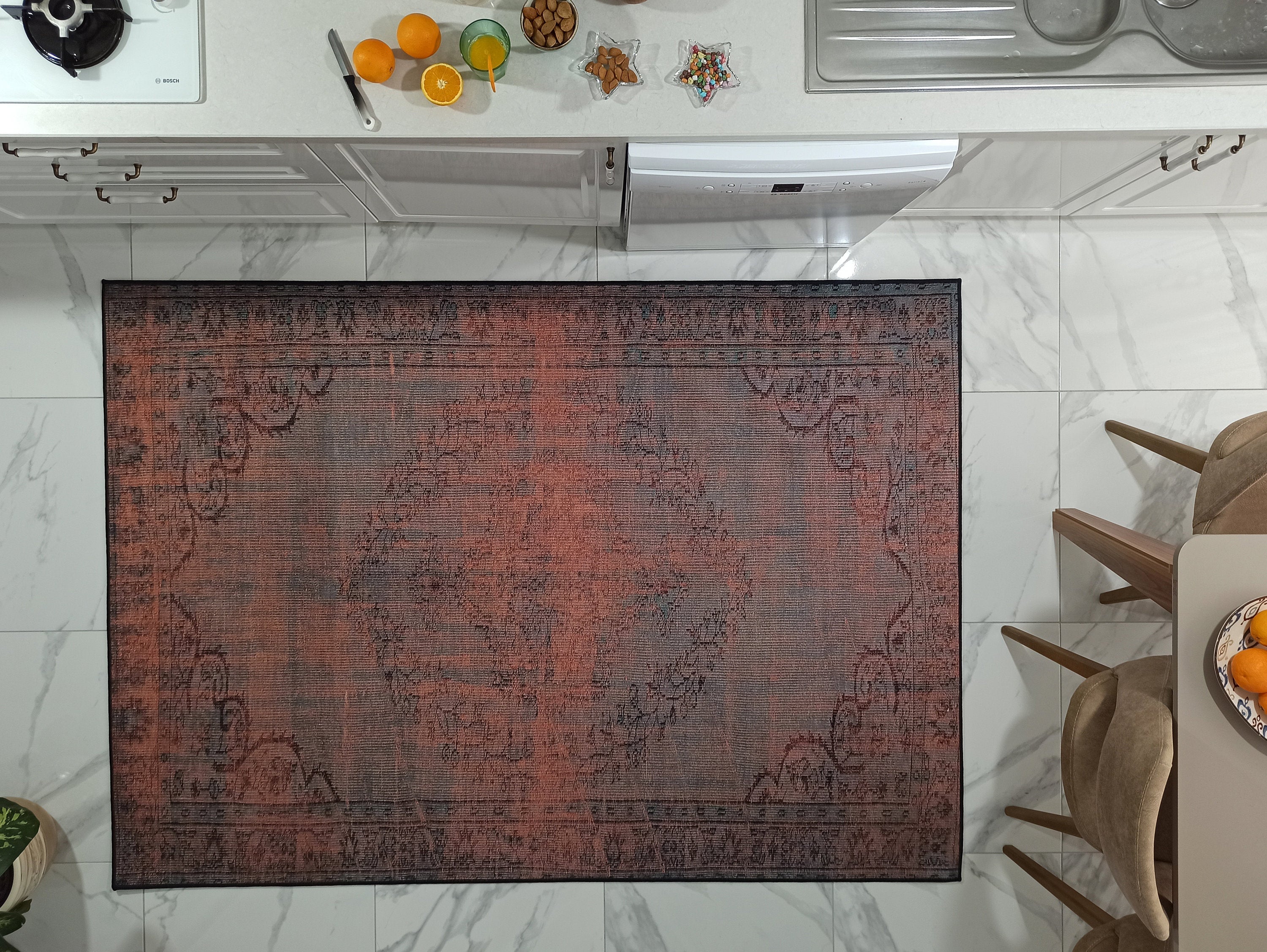 Eskitme Madalyon Desenli Kiremit ve Antrasit Vintage Halı - OUTLET - 14924OU