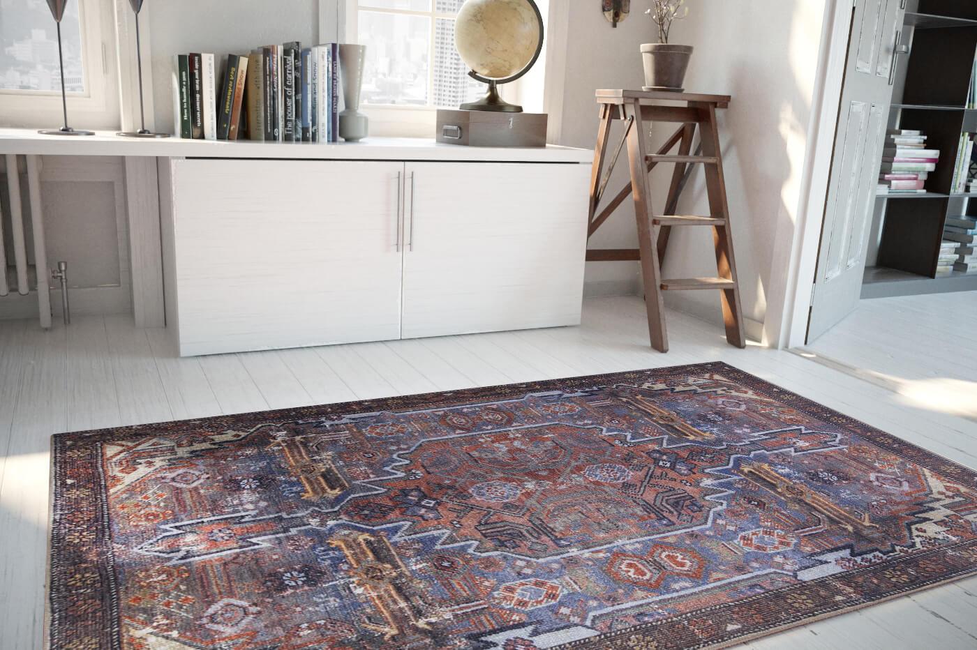 Eskitme Dokulu Kahverengi ve Lacivert Etnik Kabile Halısı - OUTLET - AL144OU
