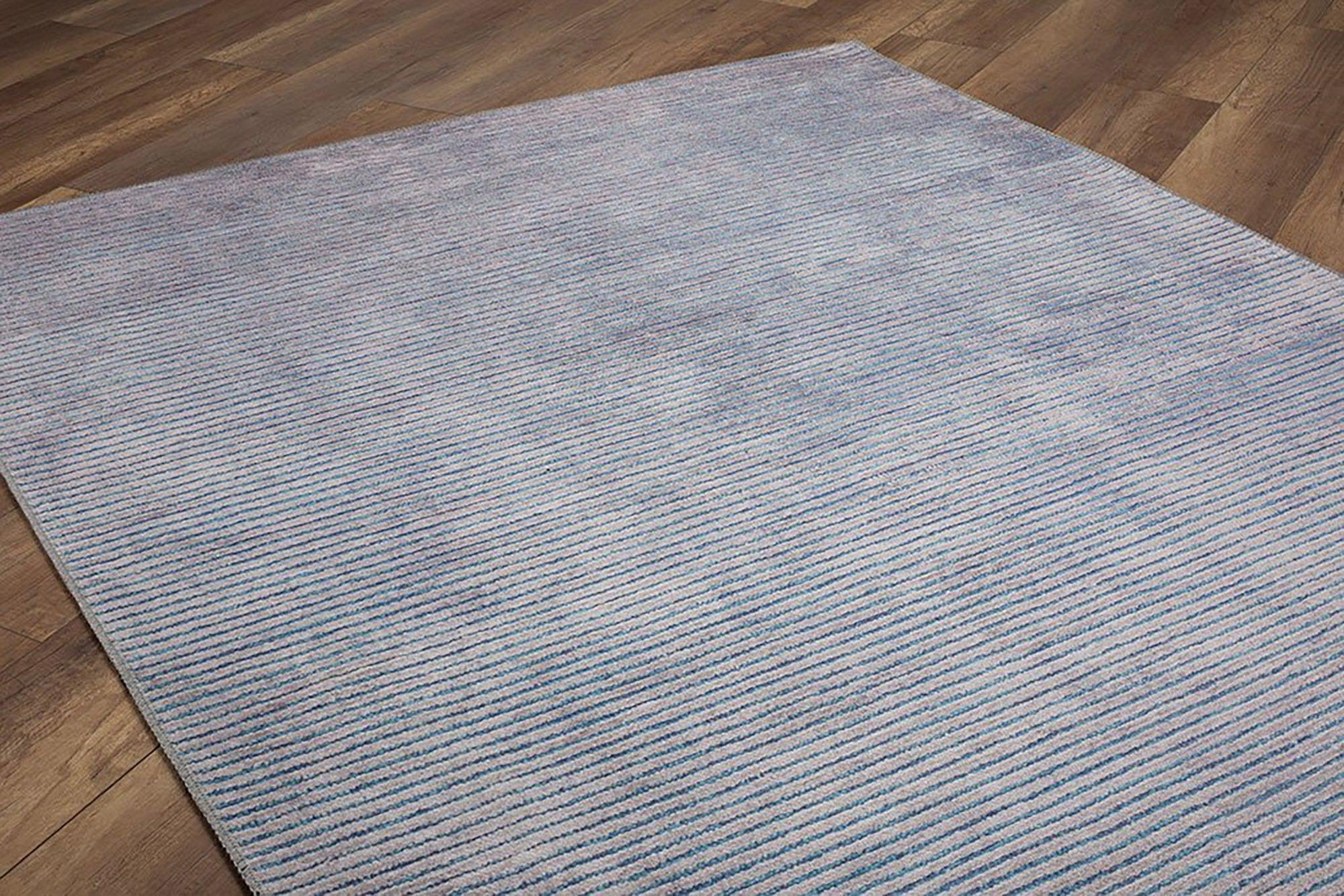 Modern İnce Çizgili Açık Mavi ve Gri Minimalist Halı - OUTLET - AL168OU