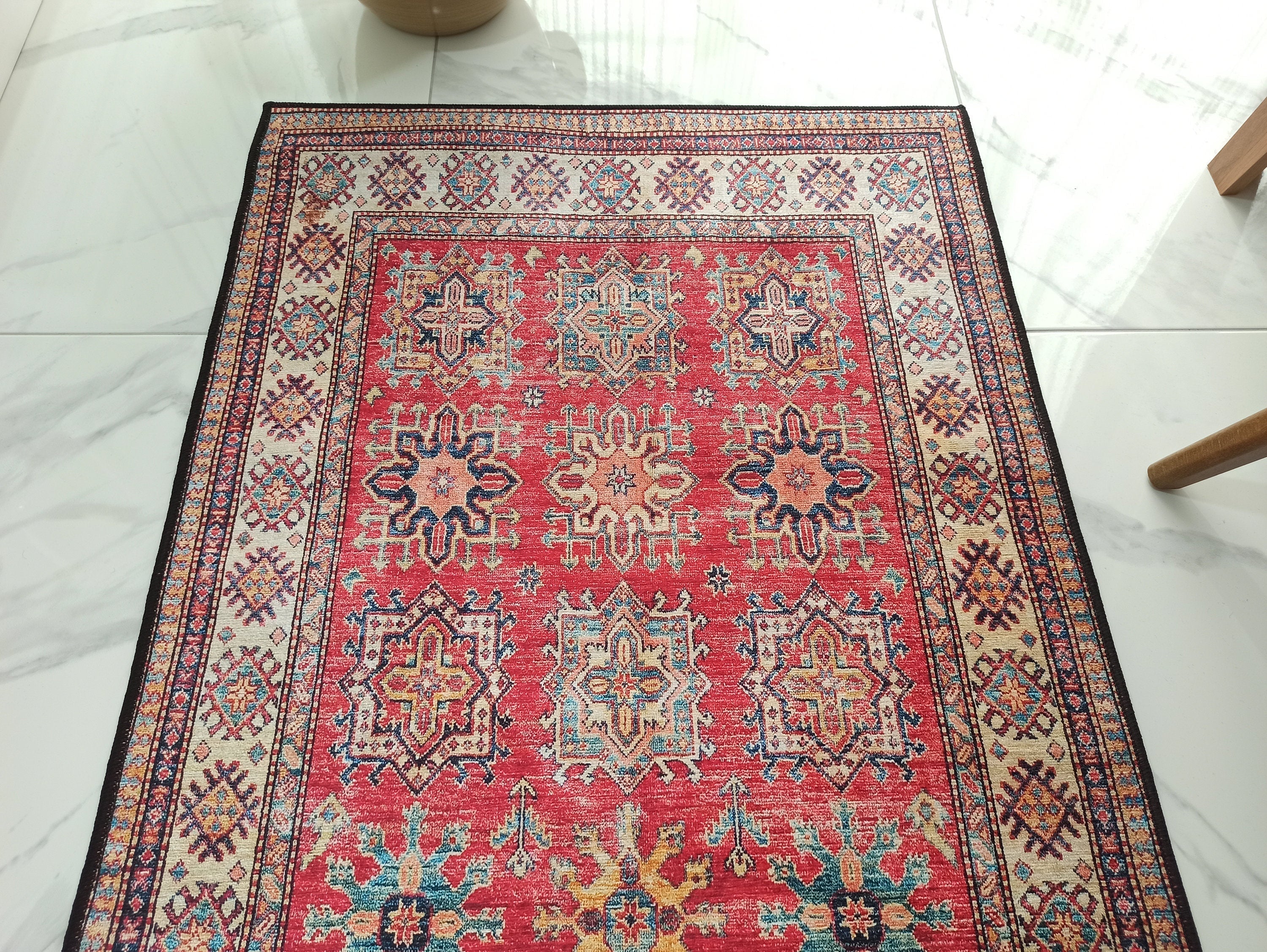 Geleneksel Kilim Desenli Kırmızı ve Bej Etnik Halı - OUTLET - 14921OU