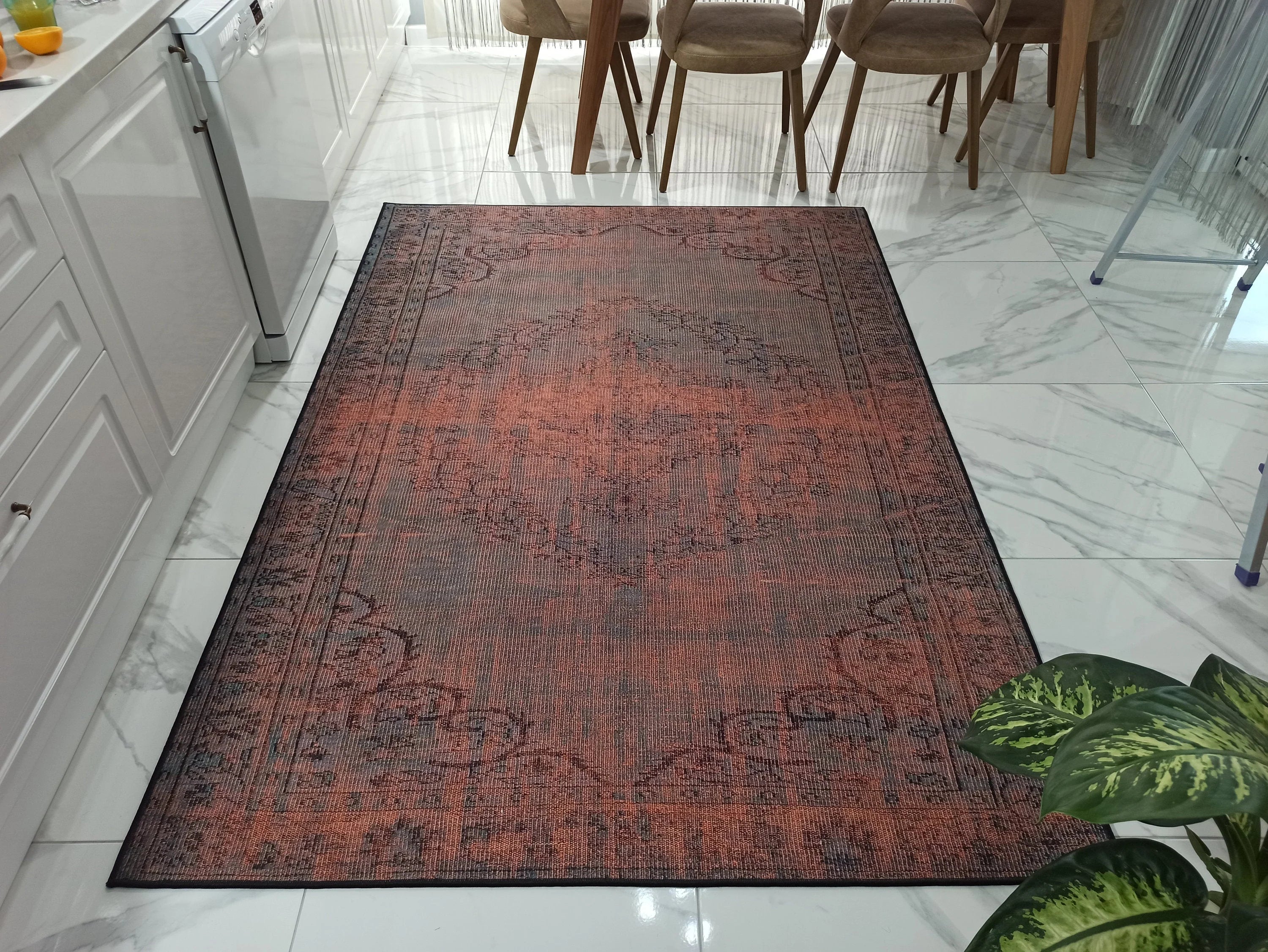 Eskitme Madalyon Desenli Kiremit ve Antrasit Vintage Halı - OUTLET - 14924OU