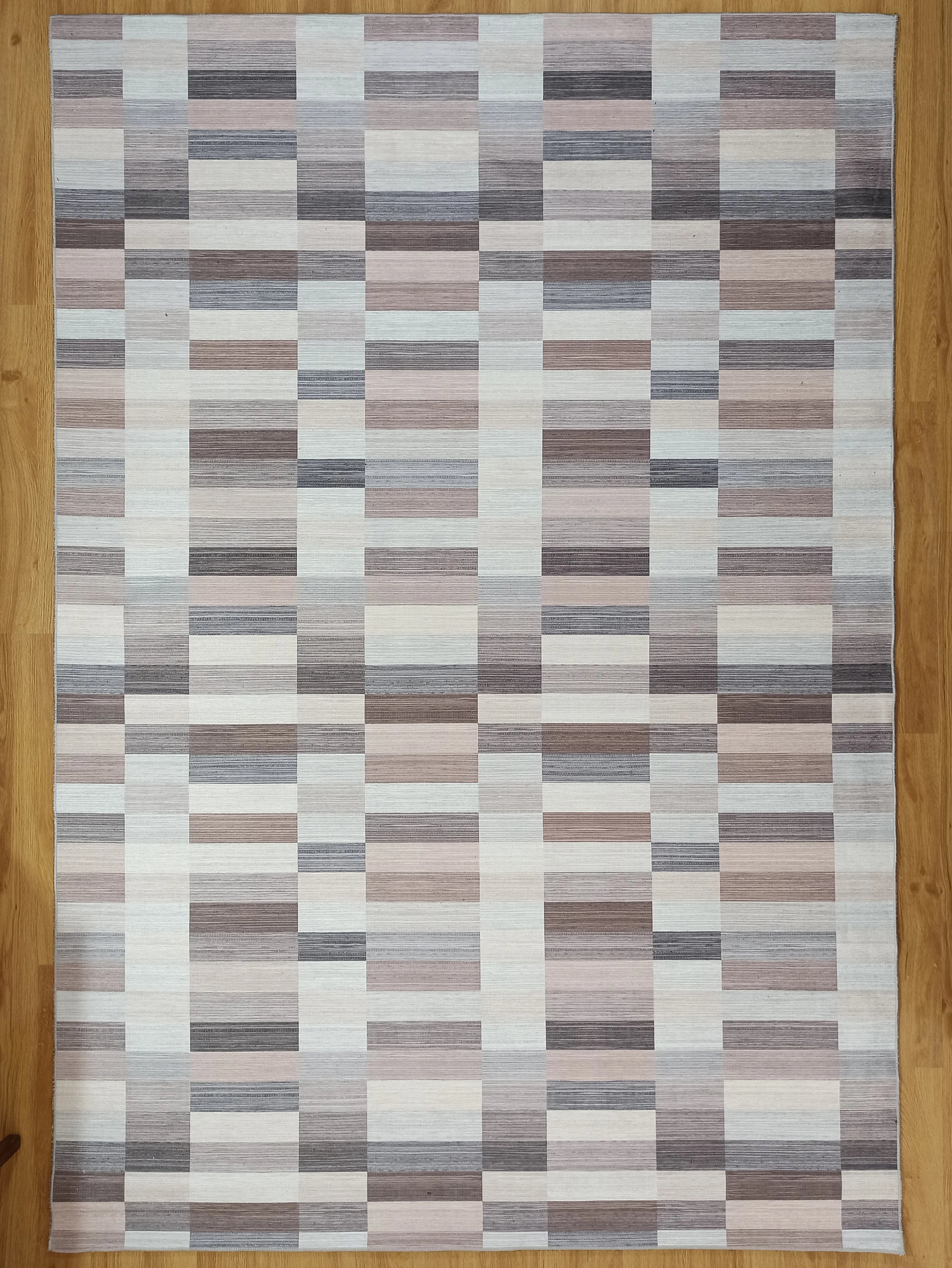 Modern Geometrik Blok Desenli Bej ve Kahverengi Halı - OUTLET - 12440OU