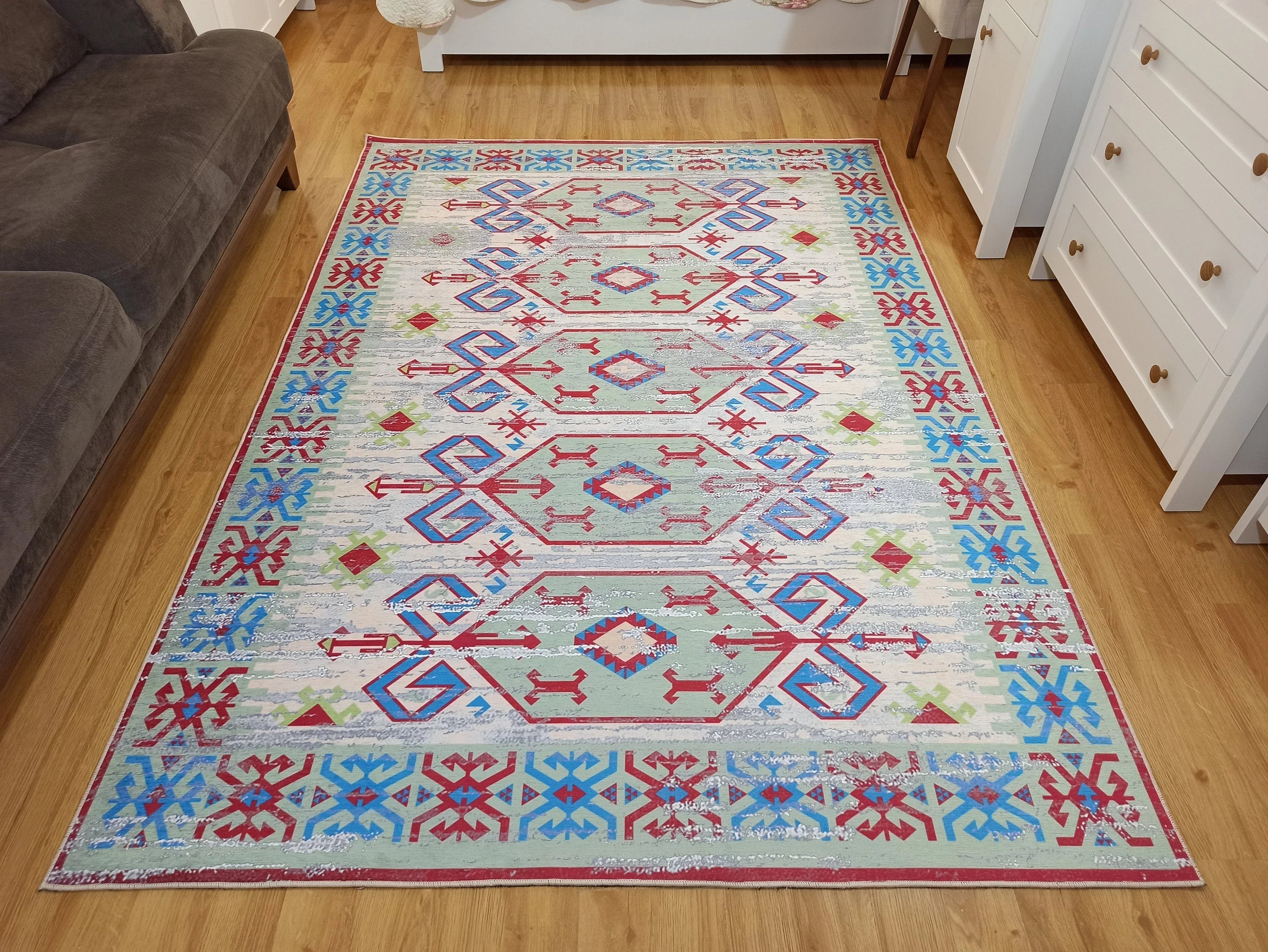Eskitme Kilim Desenli Krem ve Mavi Bohem Halı - OUTLET - 12767OU